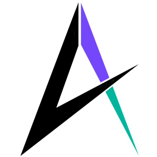 stylized "A" in black, purple and teal